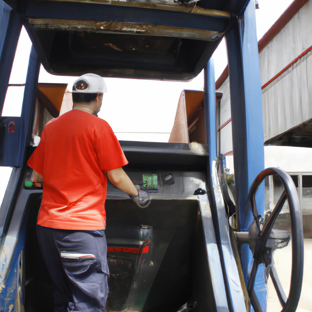 Person operating waste compactor machine