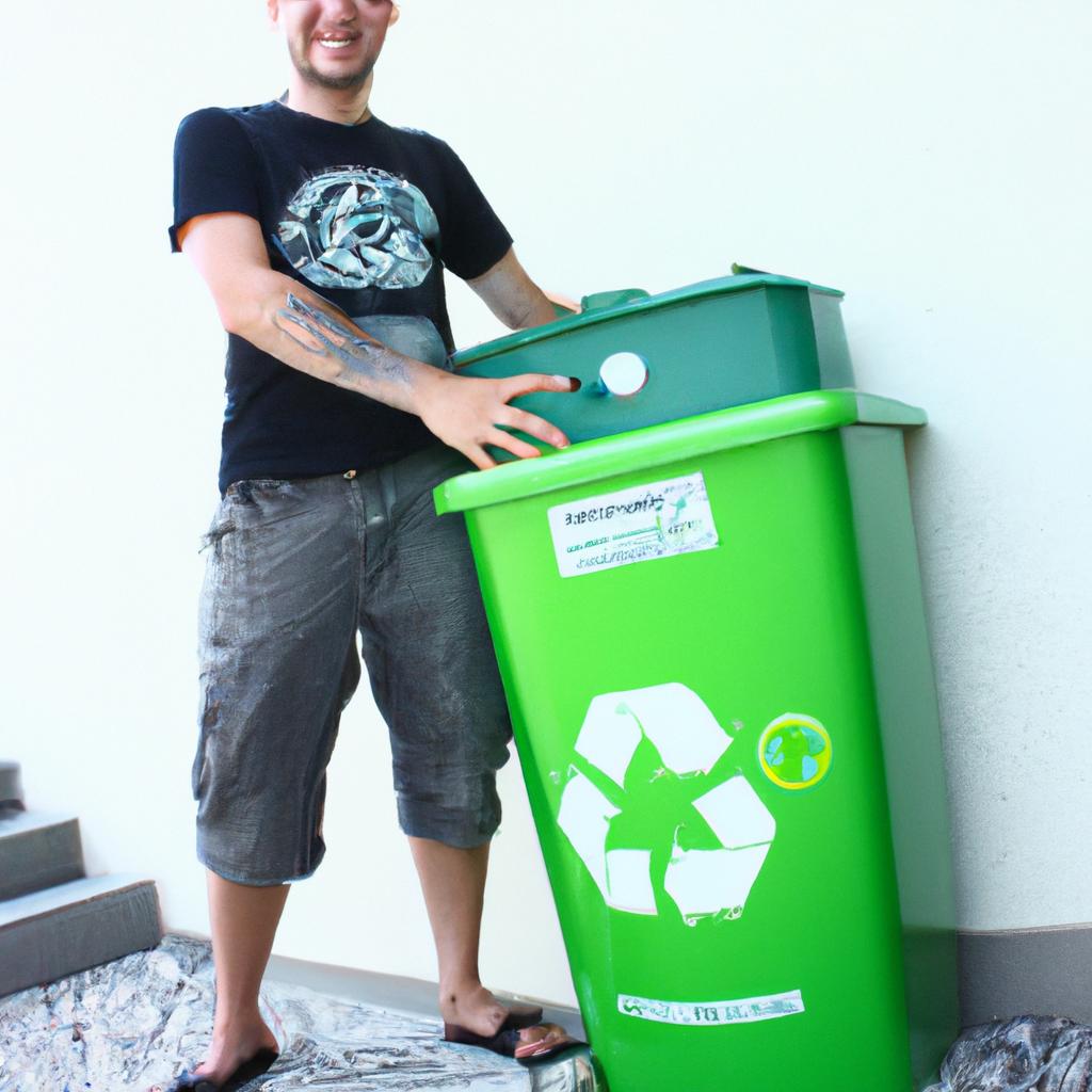 Person holding recycling bin, smiling